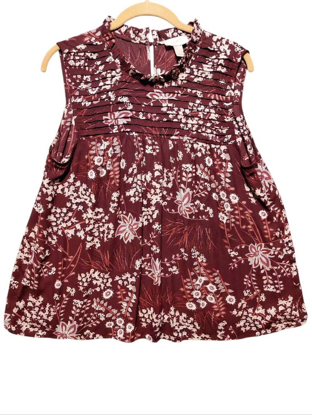 LOFT Outlet Burgundy and White Floral Ruffled Pintuck Sleeveless Blouse Top